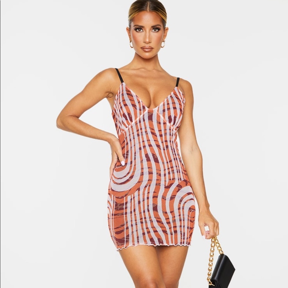 ORANGE SWIRL PRINT MESH CUP DETAIL BODYCON